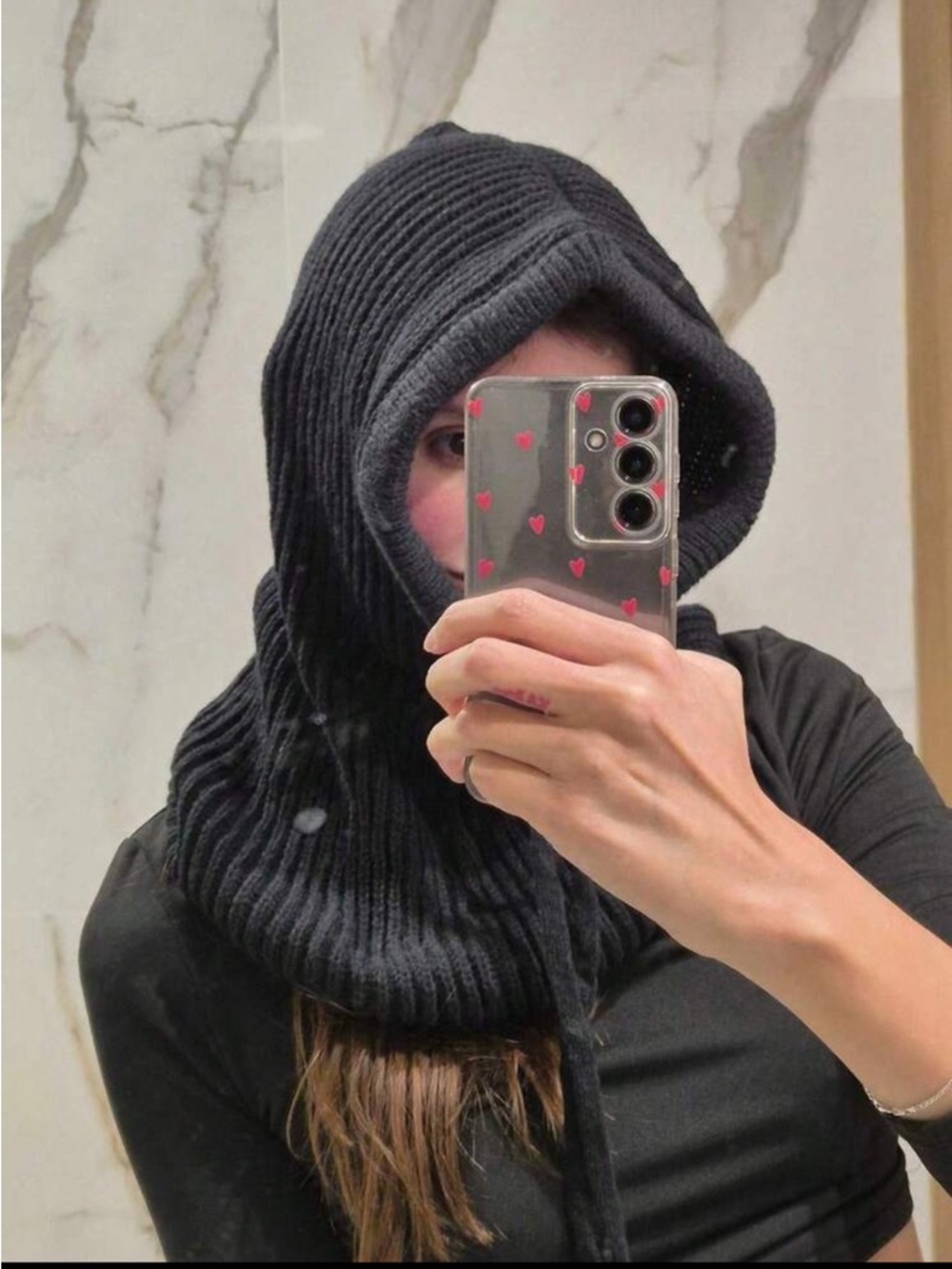 Black Ribbed Hooded Neck Warmer Sweater - Picture 2 of 2